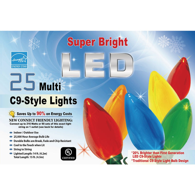 Super Bright Transparent Multi 25-Bulb C9 LED String Light Set with Green Wire